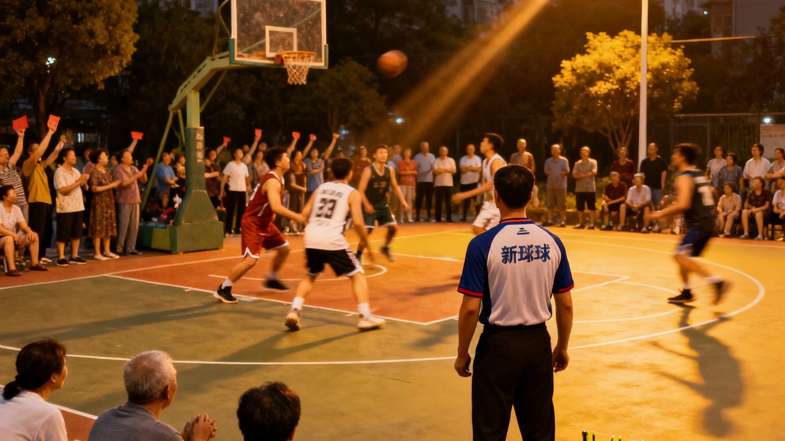 傍晚的社区灯光篮球场上，两支居民队伍正在进行3v3篮球对抗赛，场边围满了加油的邻里观众，裁判身穿新球体育裁判服认真执裁，记分牌显示比分胶着