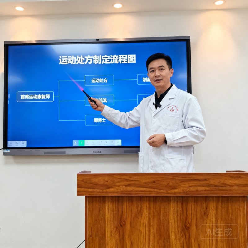 首席运动康复师周博士身穿白大褂站在培训课堂讲台前，身后的投影屏幕显示运动处方制定的流程图，手中拿着激光笔正在讲解